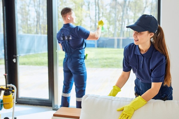 Cleaners in blue uniform washing windows and wiping dust off from sofa
