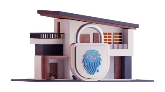 A house model with a fingerprint lock in front of it.