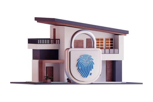 A house model with a fingerprint lock in front of it.